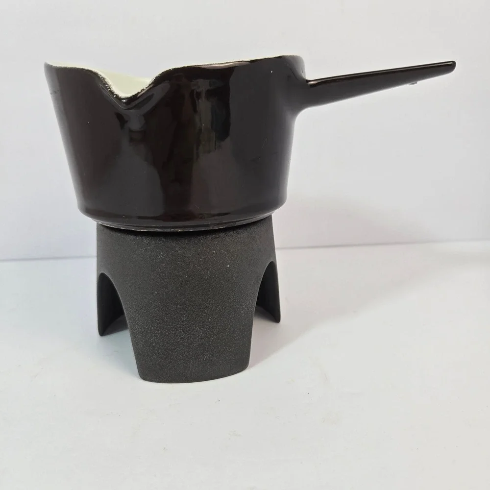 Copco Michael Lax Denmark Cast Iron Enamel Butter Warmer Fondue Pot Brown White